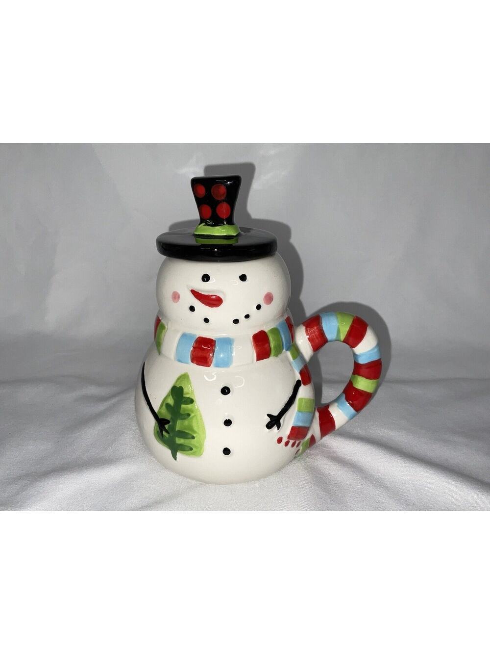 SNOWMAN RAINBOW SCARF REMOVABLE BLACK HAT LID COFFEE MUG CHRISTMAS HOLIDAY 12oz
